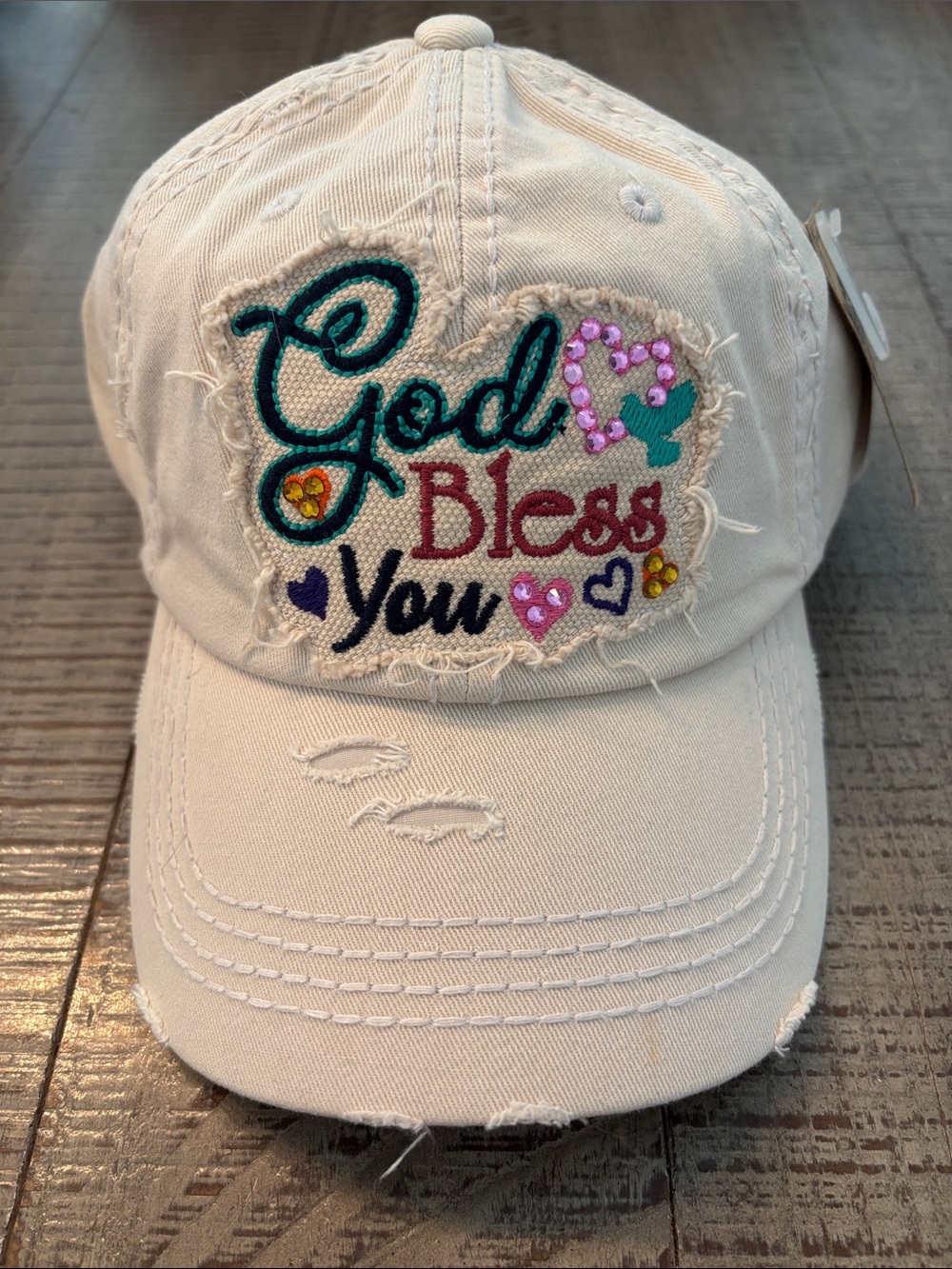 NWT hand-embellished O/S God Bless You Embroidered Baseball Cap